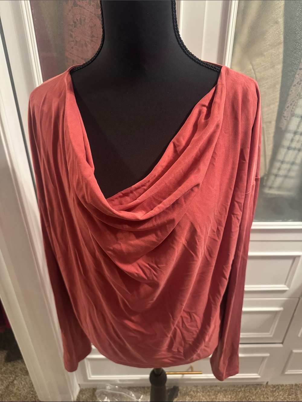 Mystree Draped Cowl Neck Long Sleeve Top in Dusty Rose